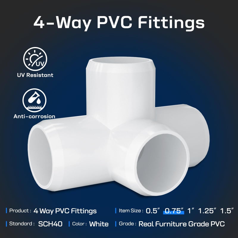 letsFix 3/4" PVC Fittings 4 Way (10-Pack) Furniture Grade, Elbow Connector, Heavy Duty for DIY Furniture, Frames, UV Resistant - Compatible with 3/4" Schedule 40 PVC Pipesâ€Œ - Image 2